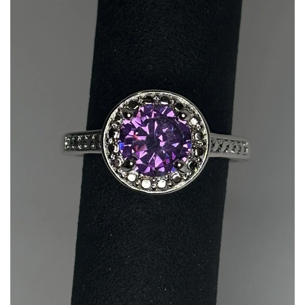 Purple Glass Halo Ring Silver Tone Round Cut Sparkle Cocktail Size 8